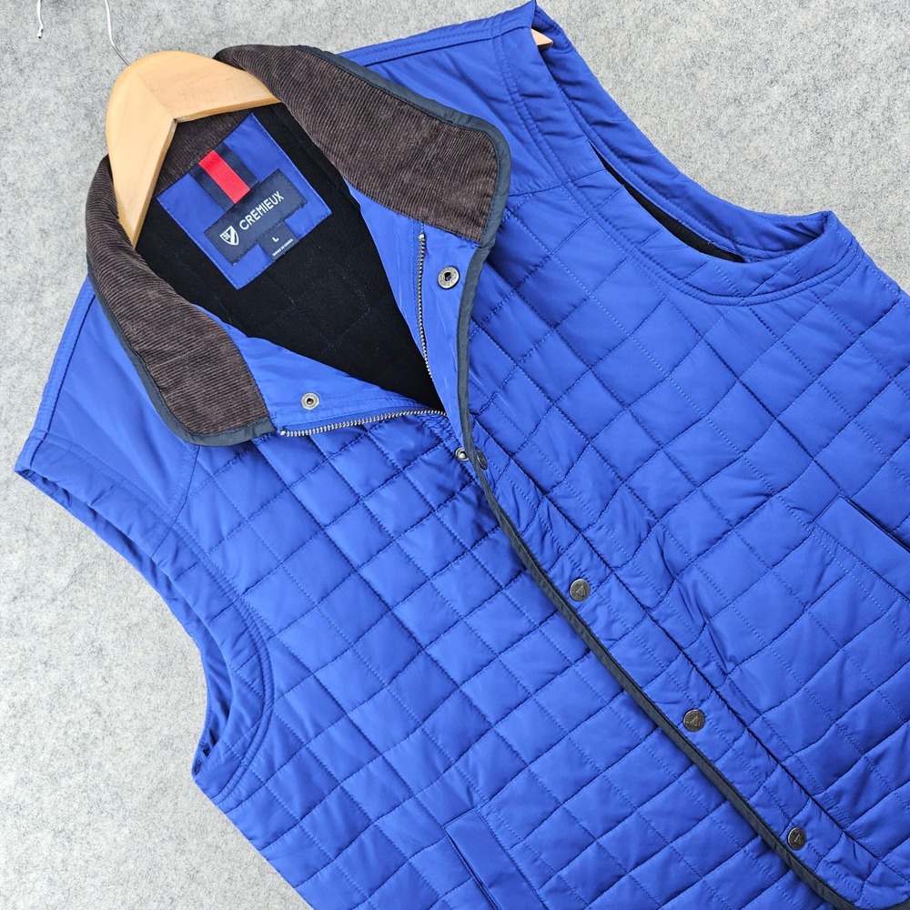 Cremieux Quilted Vest Mens Large Blue Corduroy Collar Full Zip Snap Front Puffer